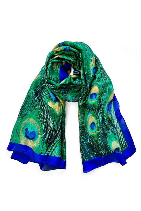 Silk Like Satin Polyester Large Scarf Wrap, Peacock Feathers