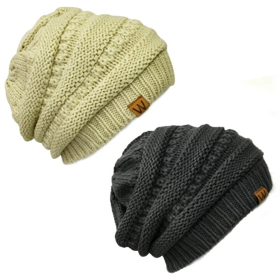 Wrapables® Slouchy Winter Beanie Cap Hat Set of 2, Charcoal Grey and Beige