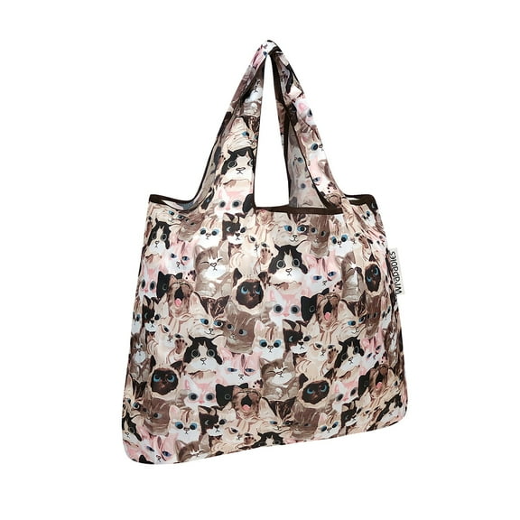 Wrapables Small Foldable Tote Nylon Reusable Grocery Bags, Cuddly Kitties
