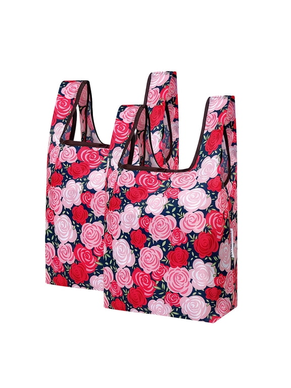 Small JoliBag Nylon Reusable Grocery Bag, 2 Pack, Rose Garden