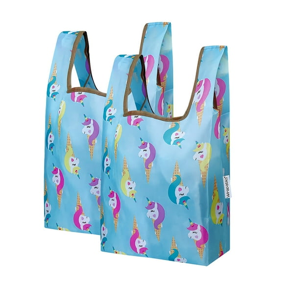 Wrapables Small JoliBag Nylon Reusable Grocery Bag, 2 Pack, Unicorn Ice Cream