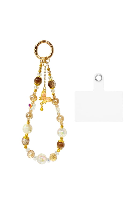 Sparkling Beaded Cell Phone Wrist Strap, Keychain, Bag Charm with Lanyard Tether Tab, Amber Butterfly