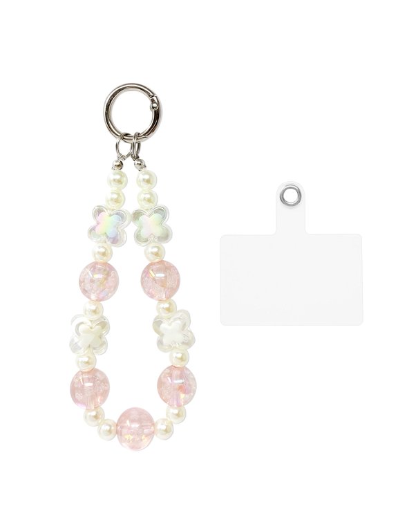 Sparkling Beaded Cell Phone Wrist Strap, Keychain, Bag Charm with Lanyard Tether Tab, Pink Clover
