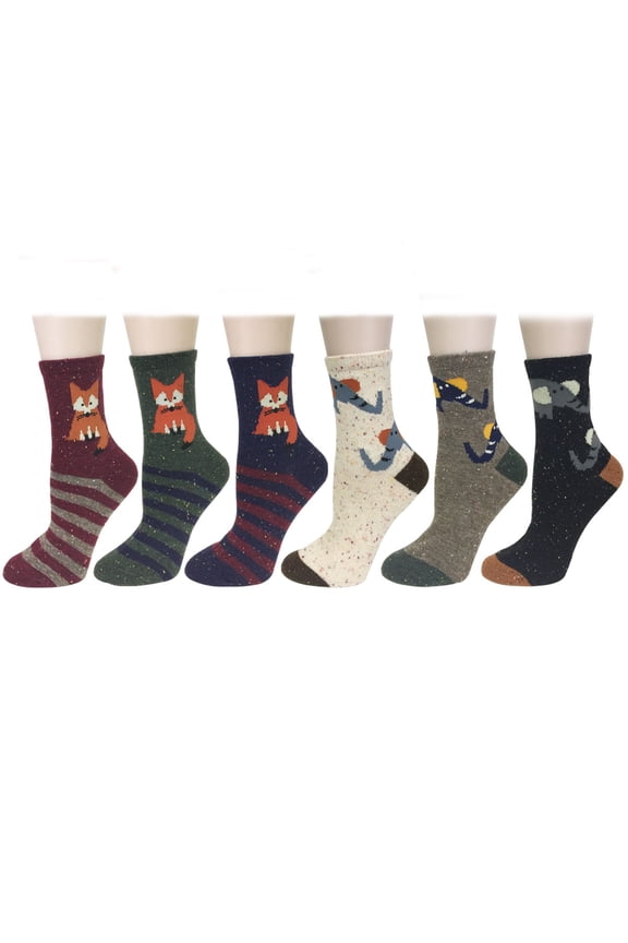 Thick Wool Animal Design Crew Socks (Set of 6), Fox and Elephant