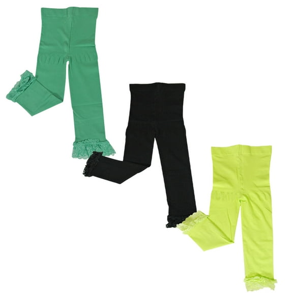 Wrapables® Toddler Stretch Leggings with Lace Trim, Set of 3 (Green, Black, Lime Green)