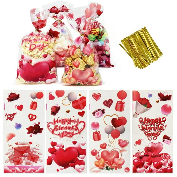 Wrapables Valentines Cellophane Treat Bags With Twist Ties for Candy, Cookies, Treats, Gifts and Party Favors (100pcs), Happy Valentines
