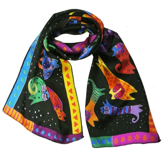Wrapables® Vibrant 100% Silk Long Scarf 51" x 10.5", Rainbow Felines on Black