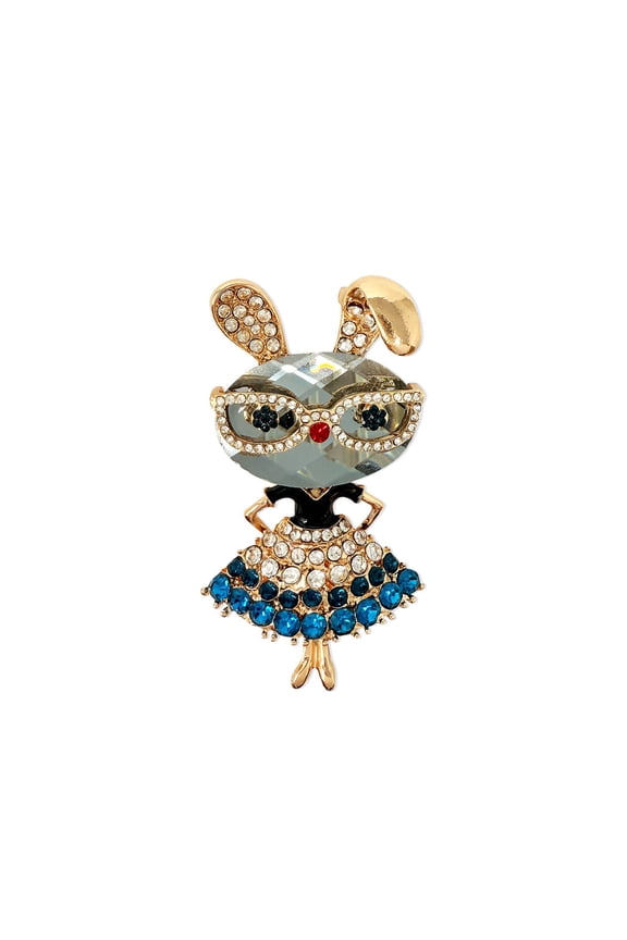 Vintage Crystal Rhinestone Rabbit with Glasses and Skirt Brooch Pin, Blue