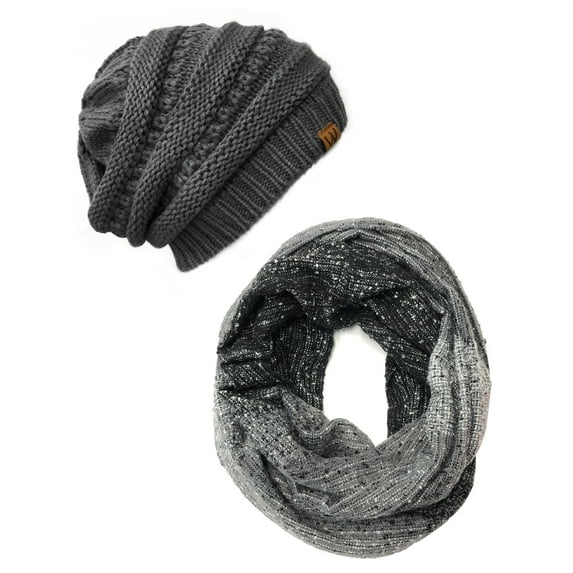 Wrapables® Warm Fall and Winter Infinity Scarf and Beanie Set, Charcoal Gray