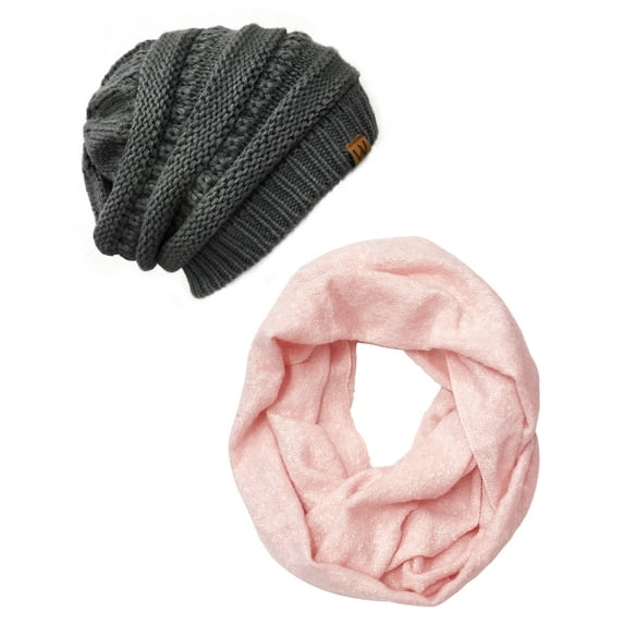 Wrapables® Warm Fall and Winter Infinity Scarf and Beanie Set, Pink and Charcoal Gray