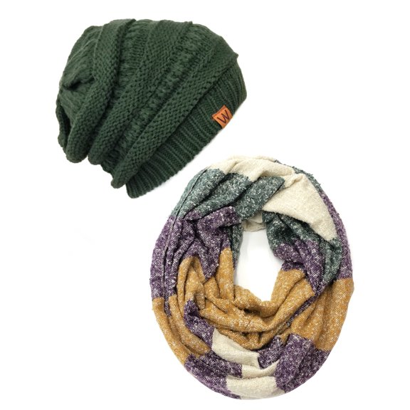 Wrapables® Warm Fall and Winter Infinity Scarf and Beanie Set, Purple and Hunter Green