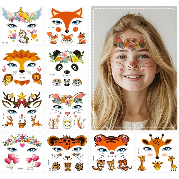 Wrapables Waterproof Animal Face Temporary Tattoos for Party Favors, Goodie Bag Stuffers, Easter Basket Stuffers, Halloween Treats (10 Sheets)