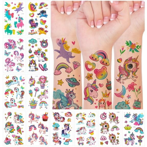 Wrapables Waterproof Glitter Temporary Tattoos, Birthday Party Favors and Supplies, Goodie Bag Fillers, 12 Sheets Unicorns