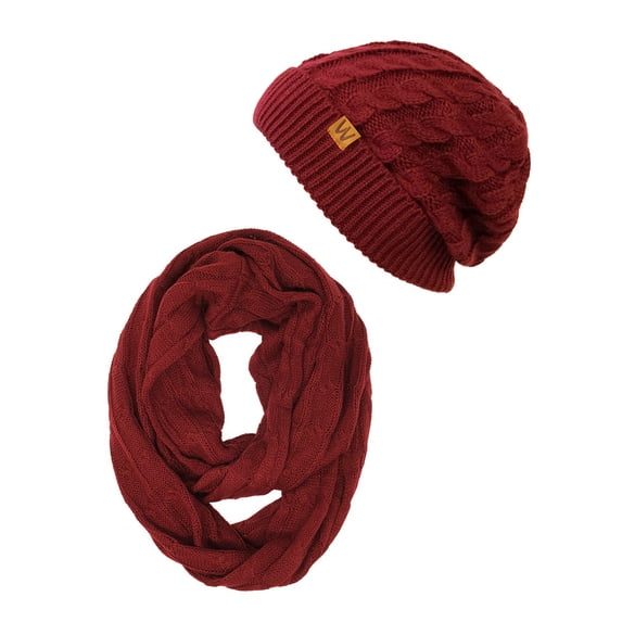 Wrapables® Winter Warm Cable Knit Infinity Scarf and Beanie Set, Burgundy