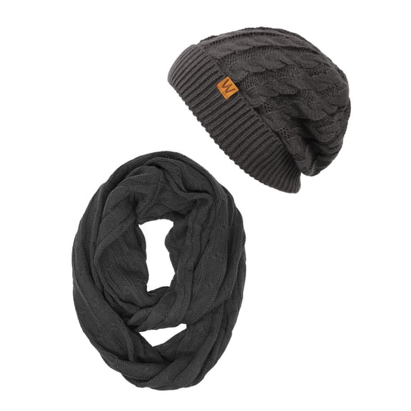 Wrapables® Winter Warm Cable Knit Infinity Scarf and Beanie Set, Charcoal Gray
