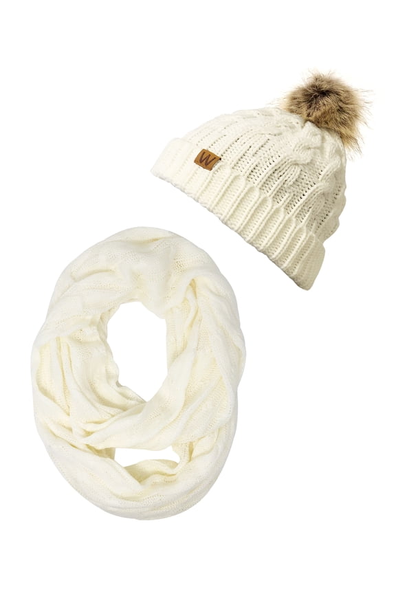 ® Winter Warm Cable Knit Infinity Scarf and Faux Fur Pom Pom Beanie Set, Cream