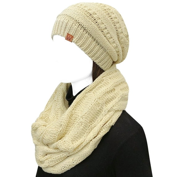 Wrapables Winter Warm Chunky Cable Knit Infinity Scarf and Beanie Set, Beige
