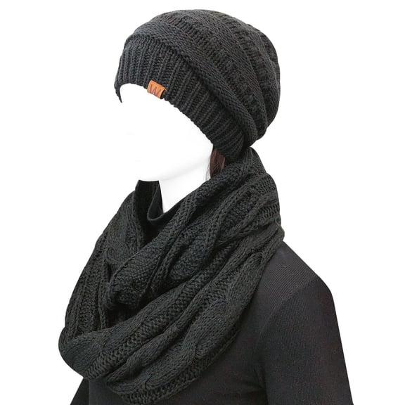 Wrapables Winter Warm Chunky Cable Knit Infinity Scarf and Beanie Set, Black