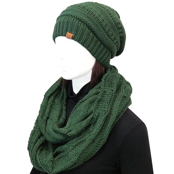 Wrapables Winter Warm Chunky Cable Knit Infinity Scarf and Beanie Set, Hunter Green