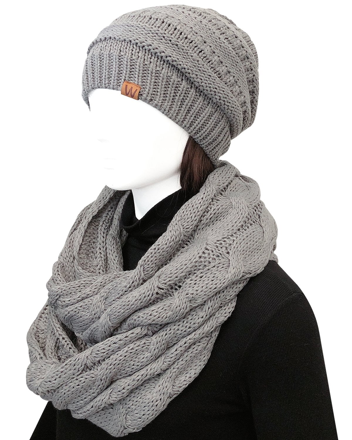 Wrapables Winter Warm Chunky Cable Knit Infinity Scarf and Beanie Set ...