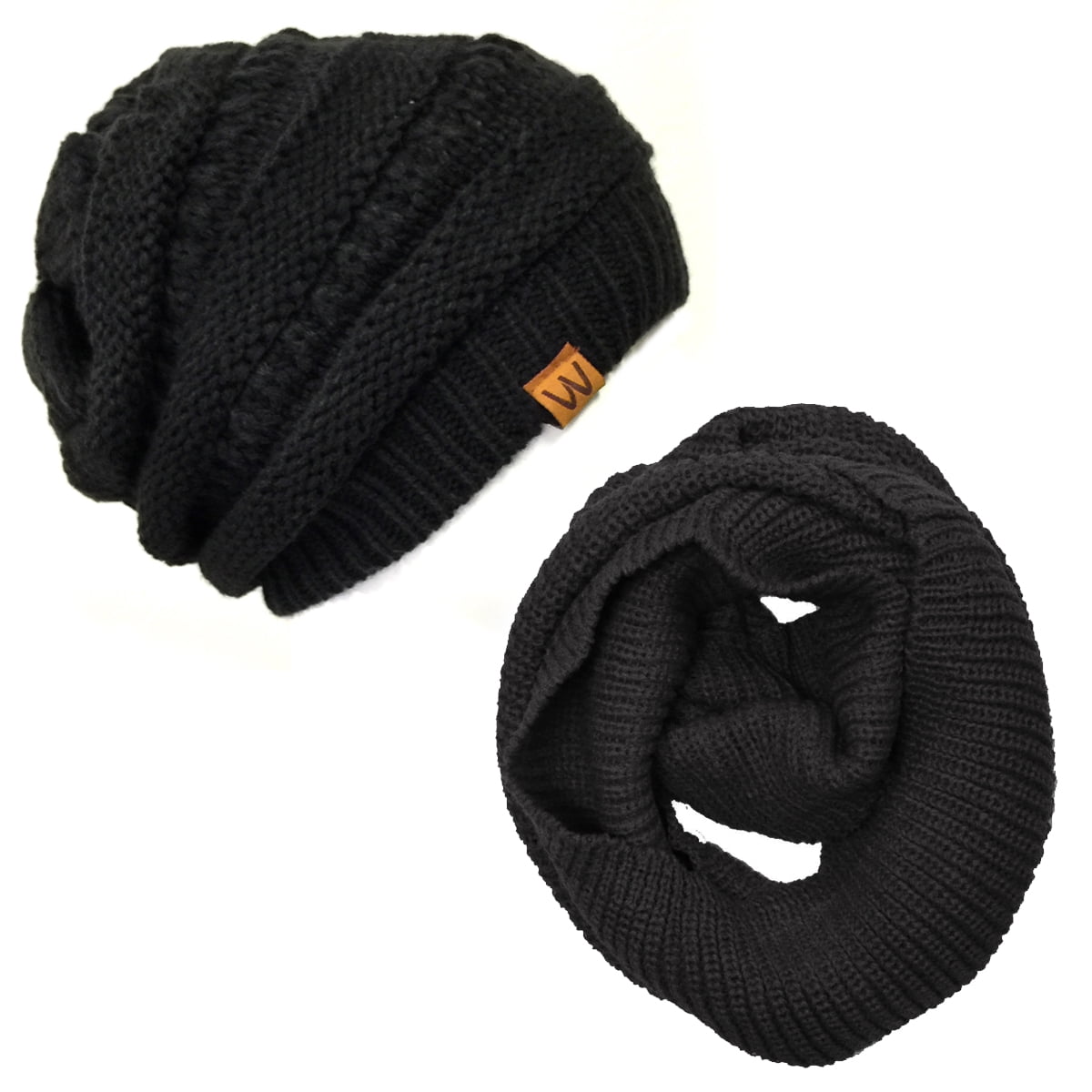 Wrapables® Winter Warm Knitted Infinity Scarf and Beanie Hat Set, Black ...