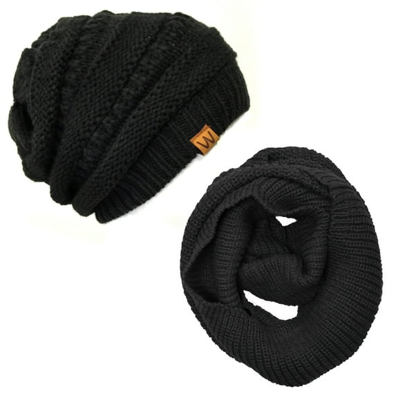 Wrapables® Winter Warm Knitted Infinity Scarf and Beanie Hat Set, Black