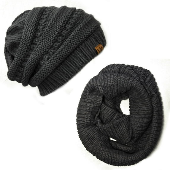 Wrapables® Winter Warm Knitted Infinity Scarf and Beanie Hat Set, Dark Gray