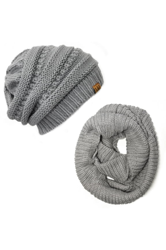 ® Winter Warm Knitted Infinity Scarf and Beanie Hat Set, Light Gray