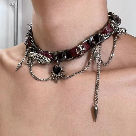 Wraparound Studded Leather Choker, Heart Punk Metal Necklace for Women, Unique Alternative Design