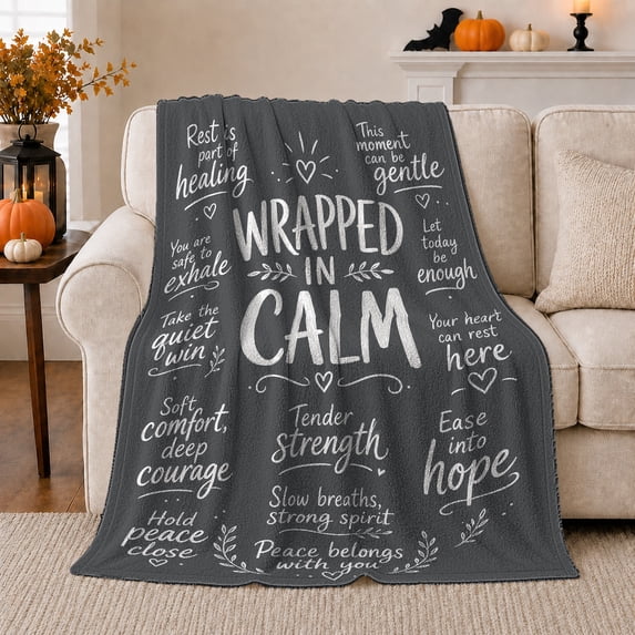 Wrapped in Calm Quote with Hearts, Serene Graphic Style for Mindfulness Fans, Gentle Healing Message and Thank You Gift, Cozy Flannel Blanket for Bedroom and Reading Nook, Peaceful Home Decor