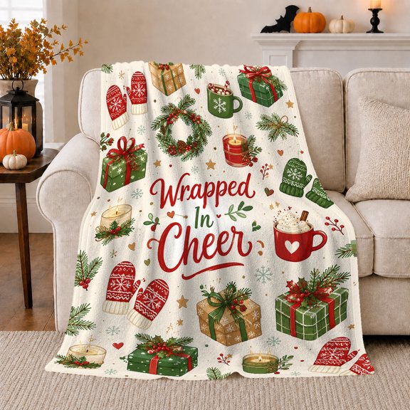 Wrapped Cheer Festive Illustrations, Festive Holiday Scene, Warm Flannel Blanket for Living Room and Family Room, Art Lovers Valentine's Day Gift, Festive Home Decor