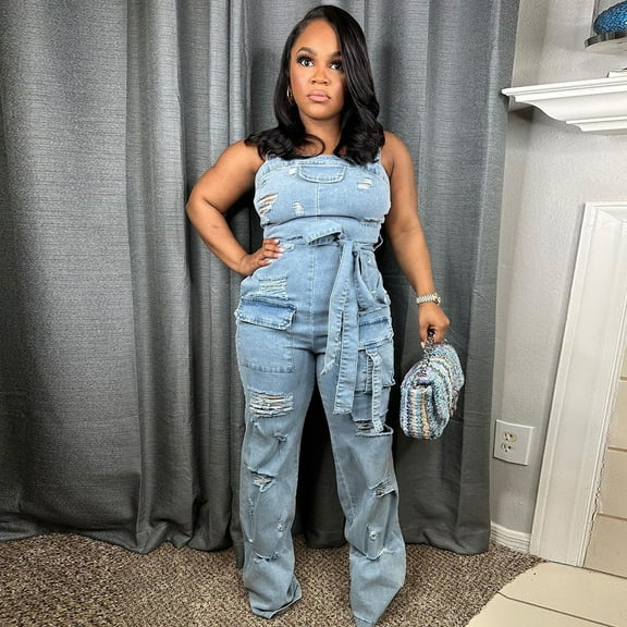 Wrapped Chest Sleeveless Denim Jumpsuit (S, DenimBlue)