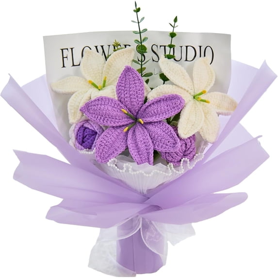 Wrapped Crochet Flowers Bouquet with Crochet Flowers of Lily & Rose for Home Decorations, Graduation Gifts, Anniversary Gifts, Get Well Gifts, Gift for Women Mom
