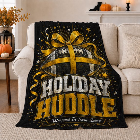 Wrapped Football Gold Bow Holiday Huddle Festive Sporty, Festive Holiday Scene, Warm Flannel Blanket for Living Room and Reading Nook, Art Lovers Friendship Gift, Festive Home Decor