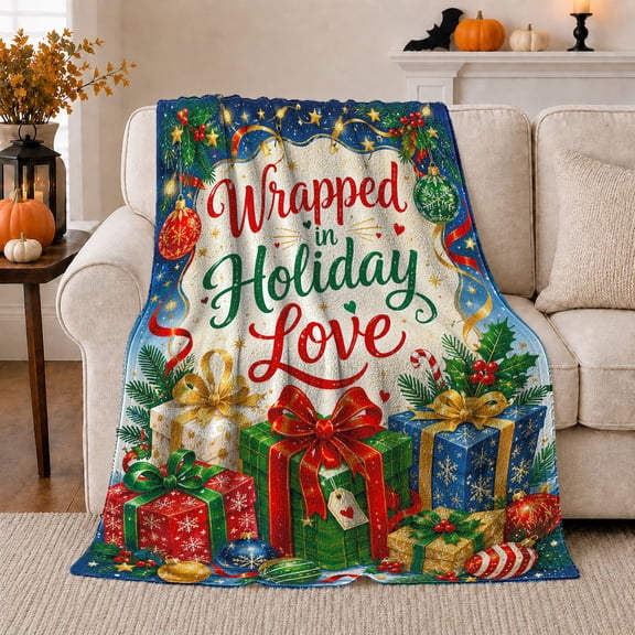 Wrapped Holiday Love Festive Scene Christmas Ornaments Pine, Festive Holiday Scene, Warm Flannel Blanket for Living Room and Family Room, Art Lovers Christmas Gift, Festive Home Decor