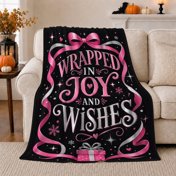 Wrapped Joy Holiday Wishes Typography Christmas, Festive Holiday Scene, Warm Flannel Blanket for Living Room and Reading Nook, Art Lovers Christmas Gift, Festive Home Decor