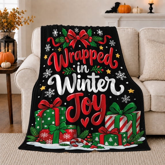 Wrapped Winter Joy Christmas Presents Holly, Festive Holiday Scene, Warm Flannel Blanket for Living Room and Reading Nook, Art Lovers Christmas Gift, Festive Home Decor