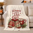 thumbnail image 1 of Wrapped up in love mittens cocoa holly snowflakes pine sprigs hearts cream Flannel Blanket for sofa bedroom Christmas cocoa night cozy lounge Home Decor romantic winter Gift for her, 1 of 9