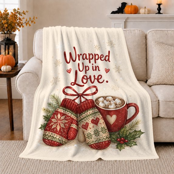 Wrapped up in love mittens cocoa holly snowflakes pine sprigs hearts cream Flannel Blanket for sofa bedroom Christmas cocoa night cozy lounge Home Decor romantic winter Gift for her