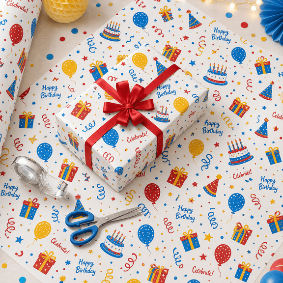 Wrapping Paper Birthday Bright Blue Yellow and Red Gift Wrap for Party Presents