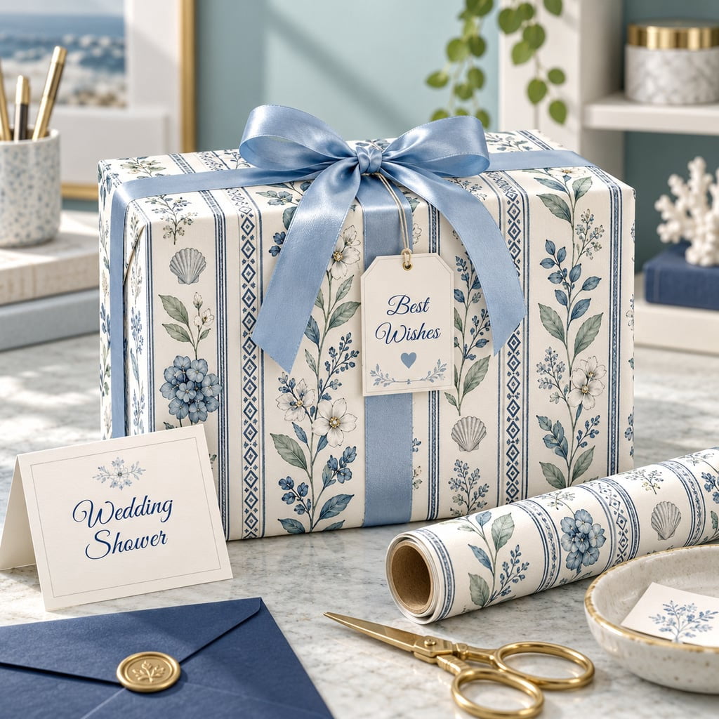 Wrapping Paper Blue Floral Stripe Botanical Paper Gift Wrap for Wedding ...