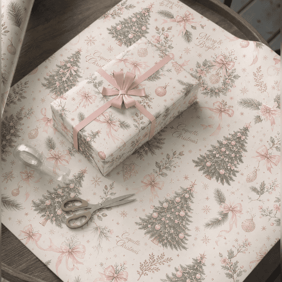 Wrapping Paper Coquette Christmas Forest Blush Ivory Sage Gift Wrap for Holiday Gifting