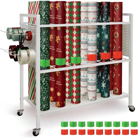 Wrapping Paper Organizer Storage Cart with 18 Slap Bands Rolling Gift Wrap Station with Ribbon Holder and Gift Bag Storage Craft Organizers and Storage for Christmas Gifts.