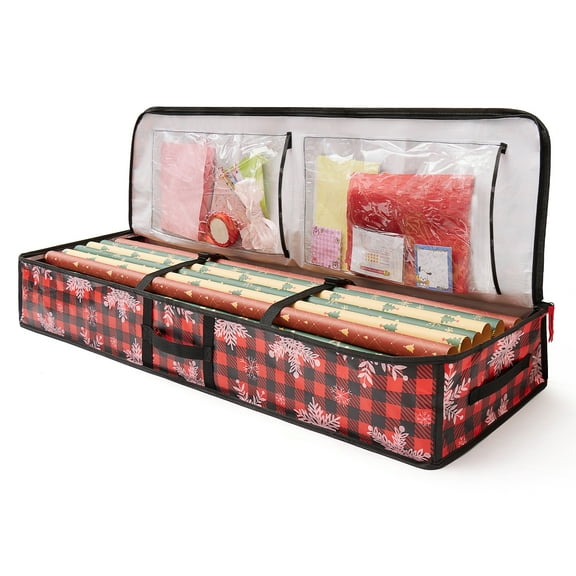 Wrapping Paper Organizer Storage for Christmas Gifts Wrapping Paper, Snowflake Print Underbed Storage Container with Interior Pockets, Fits 26 Rolls (Red)