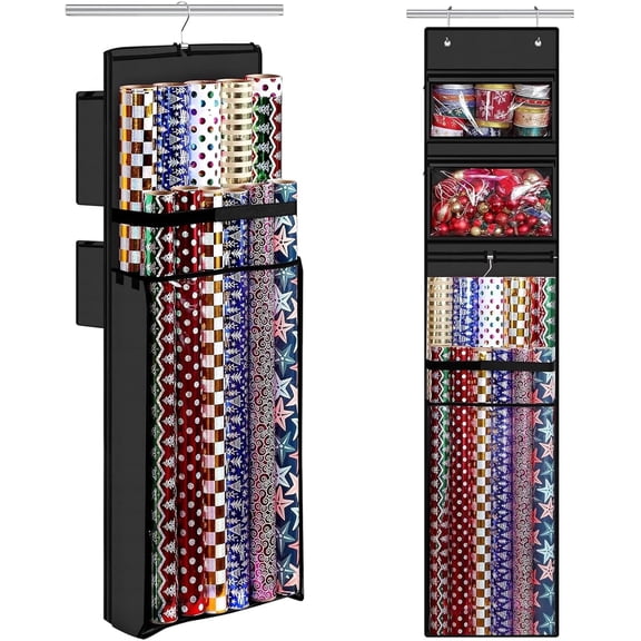 Wrapping Paper Organizer Storage, Double-Sided Hanging Gift Wrap Roll Holder for Christmas, 63"x13" Over Door Present Bag Container for Room Closet, Black Wrapper Station for Birthday