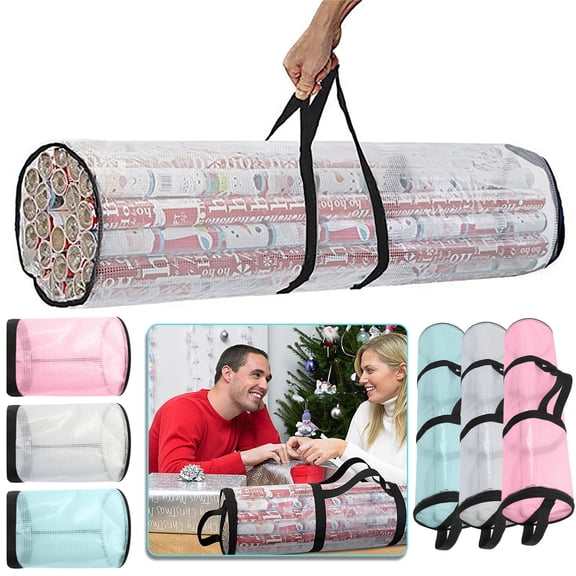 Wrapping Paper Organizer Storage Round Clear PVC Waterproof Gift Wrap Storage Bag with Zipper Space-Saving Cylinder Design for Christmas Holiday Home Store Use 60cm Tall