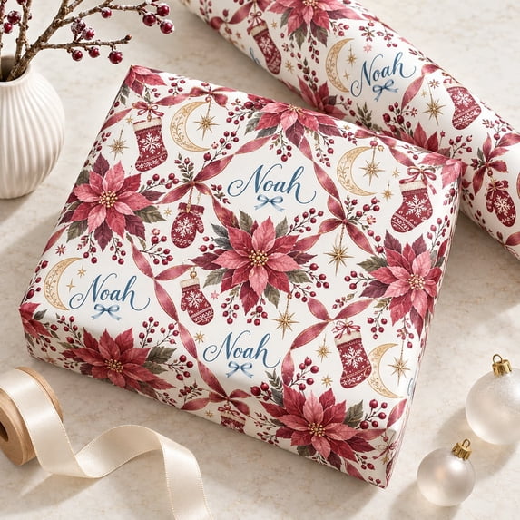 Wrapping Paper Personalized Christmas Poinsettia Paper for Gifts ...