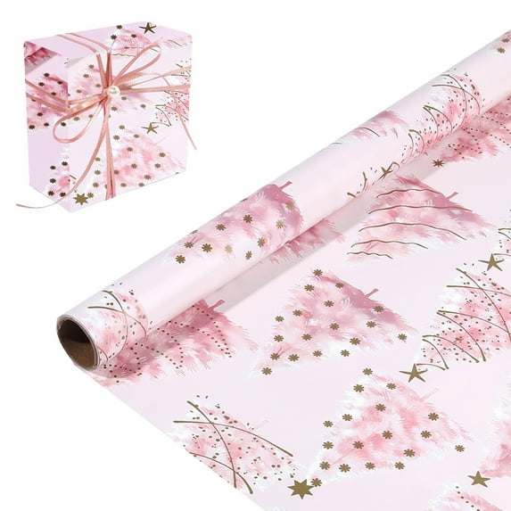 Wrapping Paper Pink,Christmas Wrapping Paper Roll - 17 Inches X 9.84 Feet,Golden-pink Christmas Tree Design Pink Gift Wrap Stone Paper for Xmas,Holiday,Party(D)