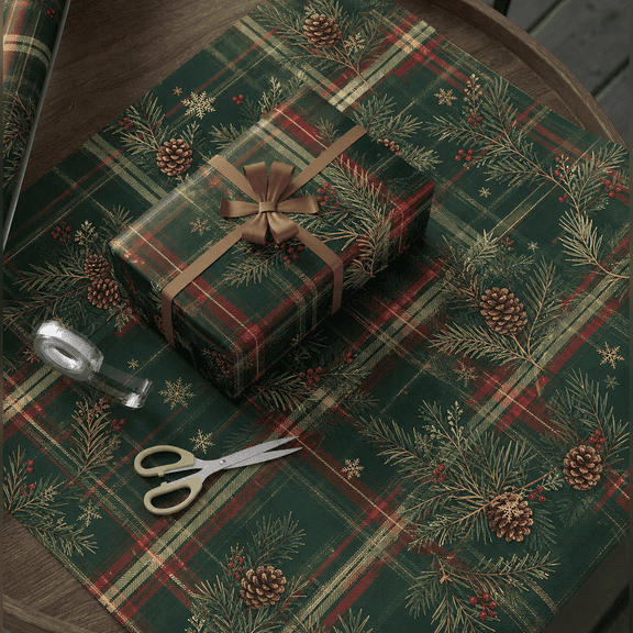 Wrapping Paper Plaid Pine Christmas Gift Wrap for Holiday Presents