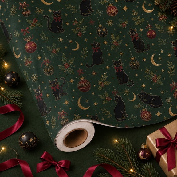 Wrapping Paper Roll Black Cat Moonlit Christmas Paper for Holiday Gift Wrapping Cat Lovers